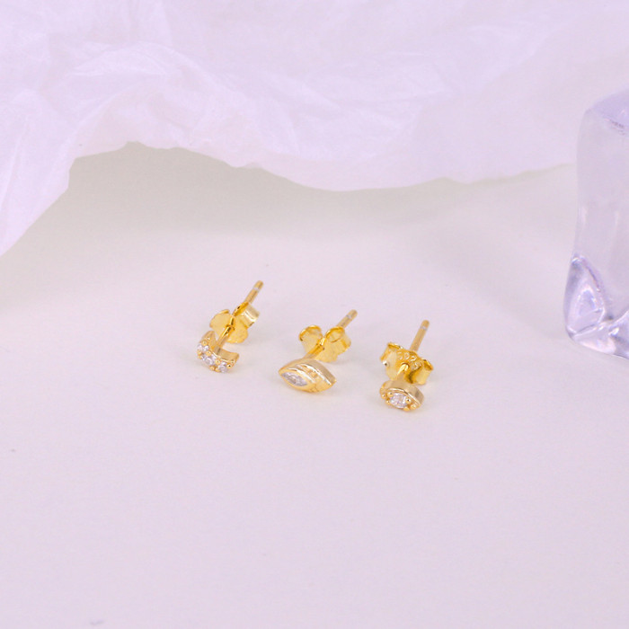 S925 Sterling Silver Simple Moon Horse Eye Inlaid Diamond Earrings 3-Piece Set Korean INS Minimalist Niche Light Earrings for Women