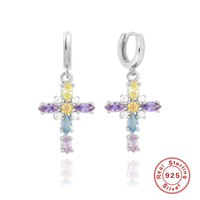 S925 Sterling Silver Luxurious Colored Diamond Cross Hoop Earrings Super Sparkling Inlaid Diamond Ear Clips Earrings Korean and Japanese Style INS Style Earrings