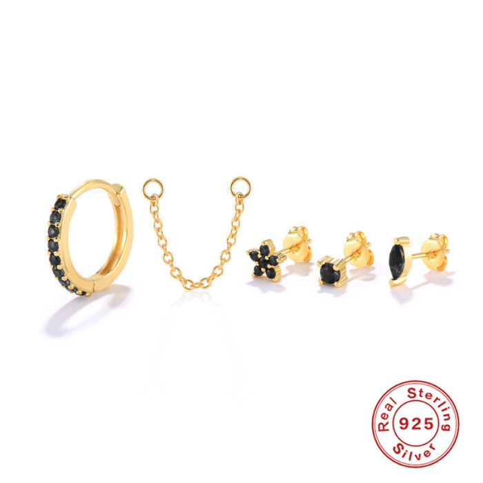 S925 Sterling Silver European and American Fashion Ins Personality Outfit Earrings Ear Studs Ear Clips Set Japanese and Korean Style K Gold Plated Earrings