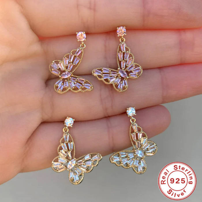 S925 Sterling Silver Inlaid Diamond Heart Butterfly Close-fitting Pendant Earrings Ear Studs Ear Lines Internet Celebrity Street Style Fresh Earrings for Women
