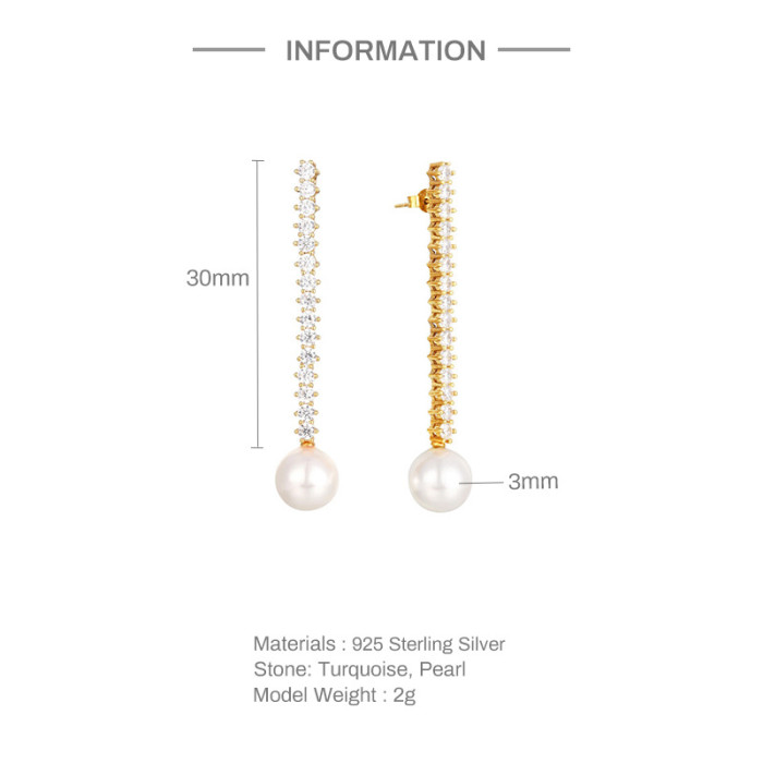 S925 Sterling Silver Single Row Luxurious Diamond-Studded Pearl Earrings Studs Earrings Korean and Japanese Style Elegant Niche High-End Earrings for Women