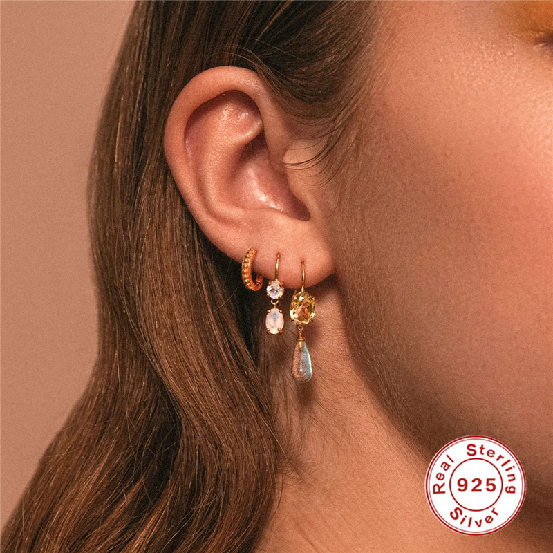S925 Sterling Silver Layered Diamond-Studded Earrings Korean and Japanese Style Trendy Hot-Selling Summer Office Wear Ear Hooks Earrings