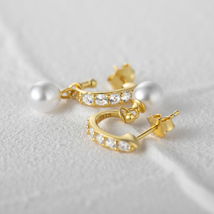 S925 Sterling Silver Vintage Pearl Inlaid Diamond C-shaped Hoop Earrings Korean Style Elegant Personality Office Wear Earrings