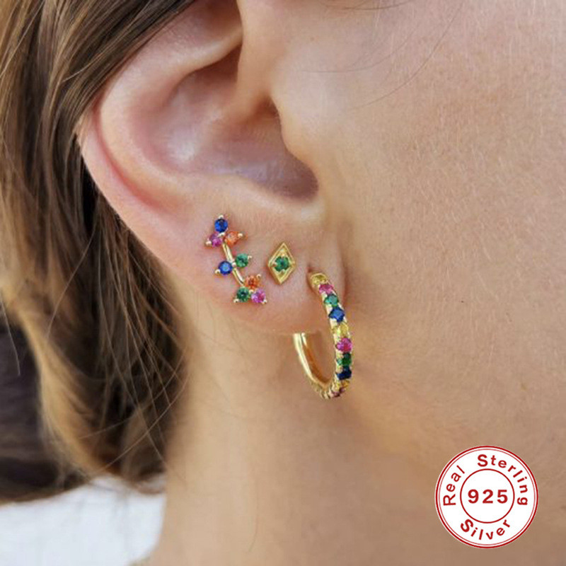 S925 Sterling Silver French Style Colorful Diamond Stud Earrings for Women European and American Personality Inlaid Diamond Small Chanel Style Earrings INS Style Creative Earrings