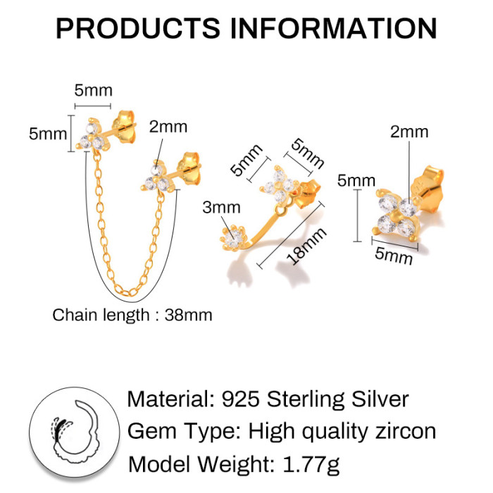 S925 Sterling Silver Flower Triangle Stud Earrings with Stone-Inlay Ear Line Combination Set INS Style Personality...
