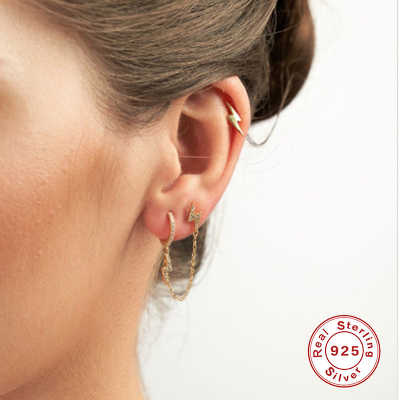 S925 Sterling Silver Single INS Style Lightning Earrings European and American Cross-Border Fashion Versatile Chain Double Ear Hole Ear Clips Ear Jewelry