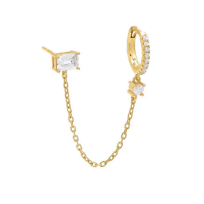 S925 Sterling Silver Versatile Stone-Studded Double-Wear Earrings Fashion INS Chain Tassel Slimming Ear Thread Earr...