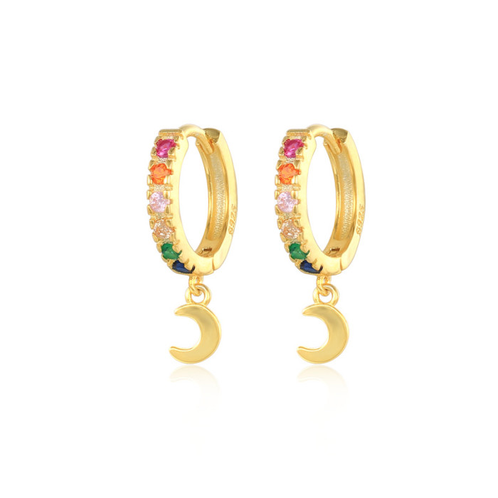 S925 Sterling Silver INS Color Diamond Crescent Moon Pendant Earrings European and American Hot Selling Light Luxury Fashion Versatile Creative Hoop Earrings