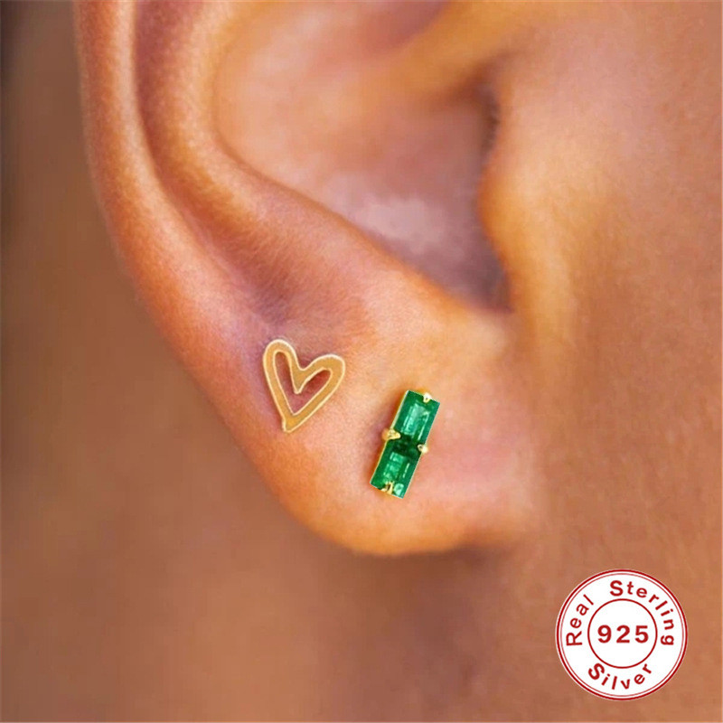 S925 Sterling Silver INS Style Green Gemstone Inlaid Diamond Earrings Japanese and Korean Trend Simple Design Earrings European and American Bestselling Ear Jewelry