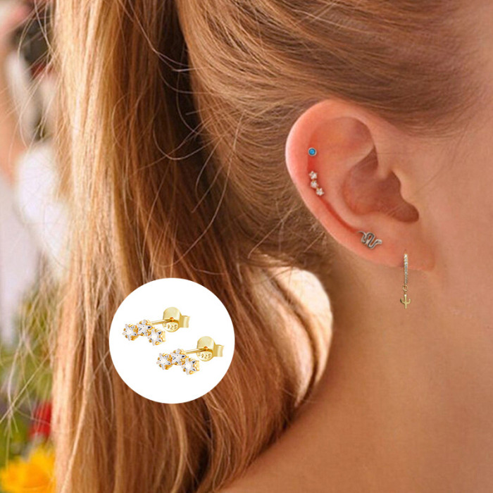 S925 Sterling Silver Geometric Star Stone-Inlaid Earrings Light Luxury Personality Creative Versatile INS Style Stu...