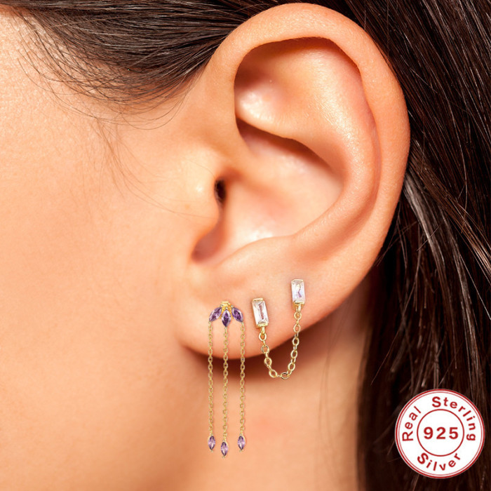 S925 Sterling Silver INS Luxury Tassel Marquise Stone Chain Earrings Studs TikTok Same Style Exquisite Earrings Jew...