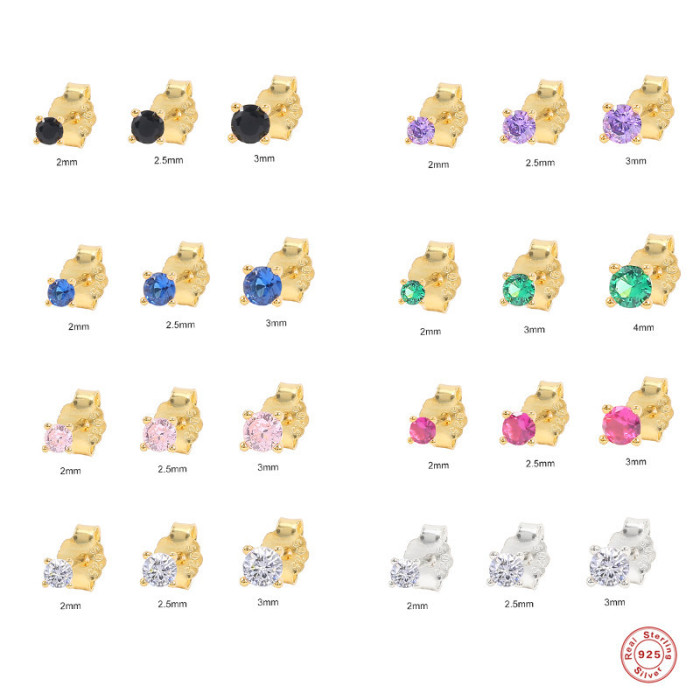 S925 Sterling Silver Simple Ins Versatile Single Diamond Stud Earrings Korean and Japanese Style Elegant Personality Light Luxury Women's Earrings Set of 3
