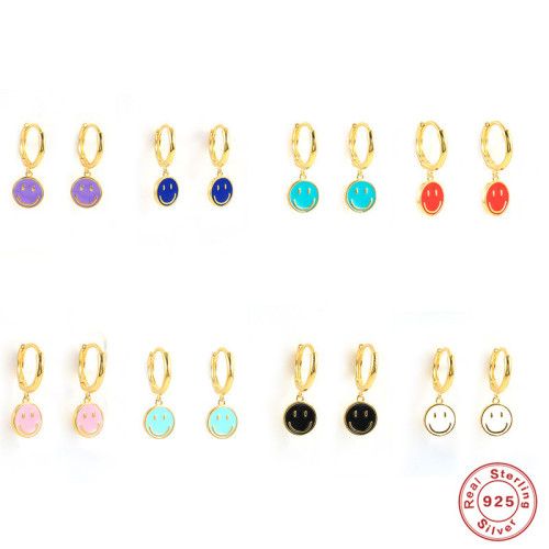 S925 Sterling Silver Smiley Face Oil Drop Earrings Ear Clips European and American Fashion Simple Versatile Creative Women's Hoop Earrings Ear Jewelry