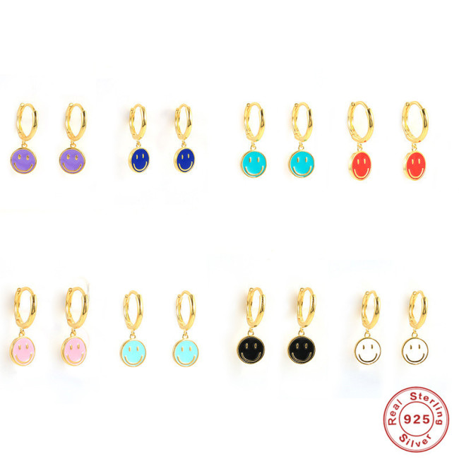 S925 Sterling Silver Smiley Face Oil Drop Earrings Ear Clips Fashion Simple Versatile Creative Women's Hoop Earrings...