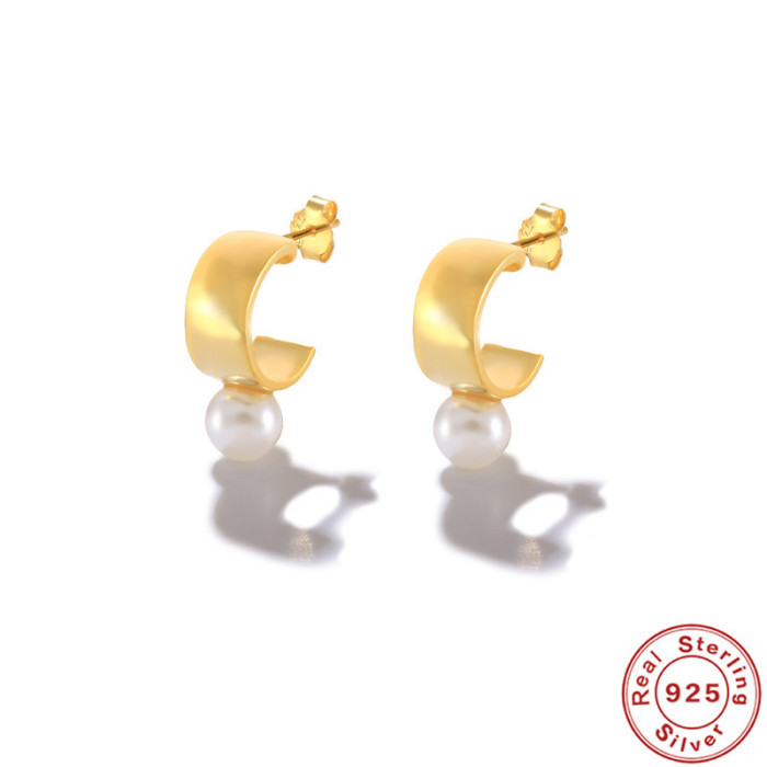 S925 Sterling Silver INS Wide C-shaped Pearl Hoop Earrings Stud Earrings European and American Hot-selling Design Imitation Pearl Earrings for Women