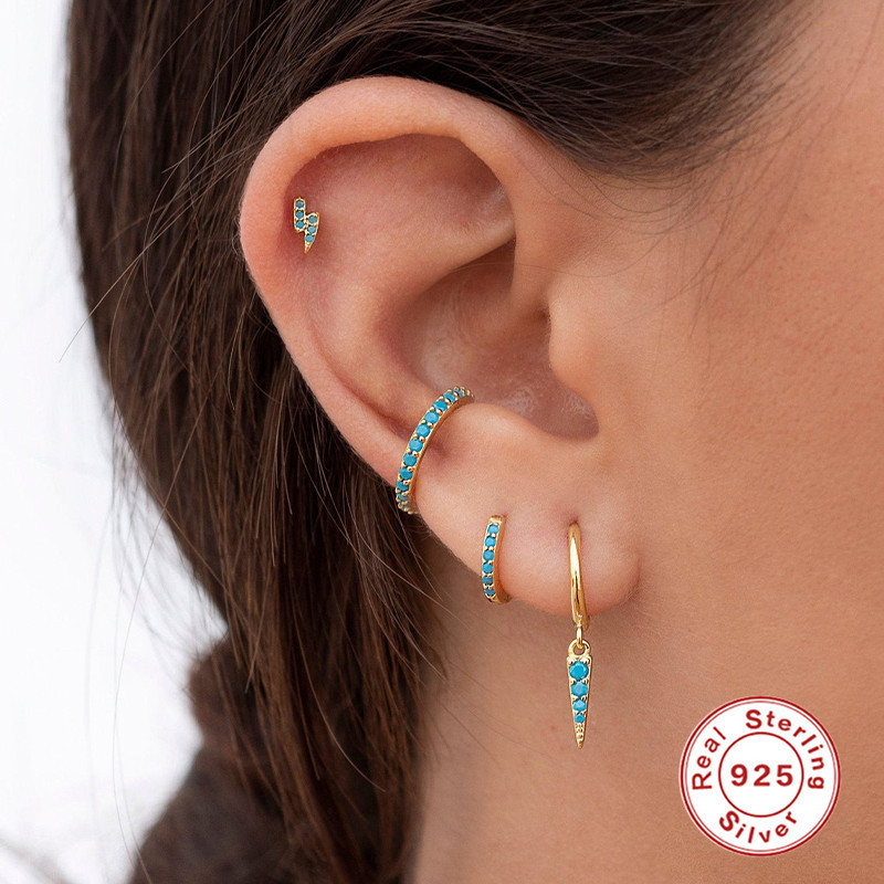 S925 Sterling Silver High-End Turquoise Lightning Stud Earrings Hoop Earrings Clip-On Earrings Versatile Set European and American Hot-Selling Earrings