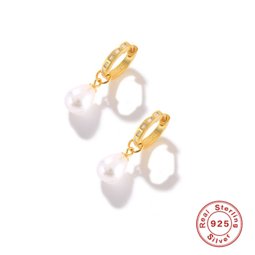 S925 Sterling Silver Elegant Pearl Earrings with Diamond Inlay Hoop Earrings Korean and Japanese INS Design Imitation Pearl Ear Jewelry