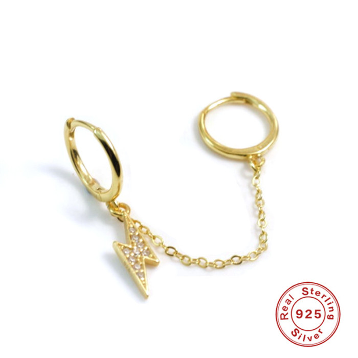 S925 Sterling Silver Chain Double-Piercing Lightning Stone-Inlaid Pendant Hoop Earrings Bestselling Trendy Personal...