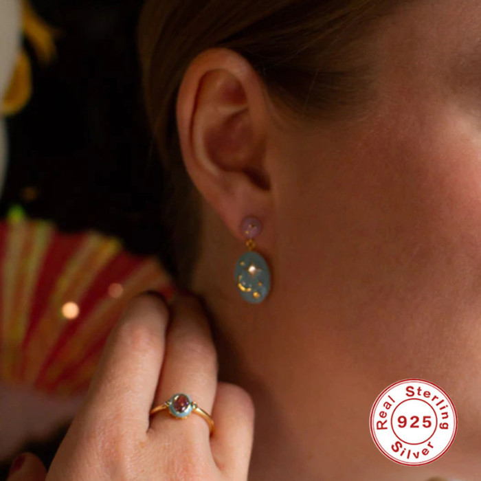 S925 Sterling Silver Egg-Shaped Stone-Studded Oil Drop Imitation Enamel Earrings Star and Moon Earrings Vintage Pal...