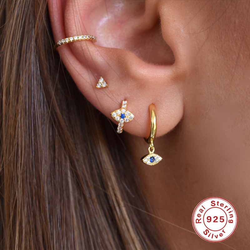 S925 Sterling Silver Diamond-Encrusted High-End Earrings Demon Eye Ear Studs Earrings Set European and American INS Layering Accessories