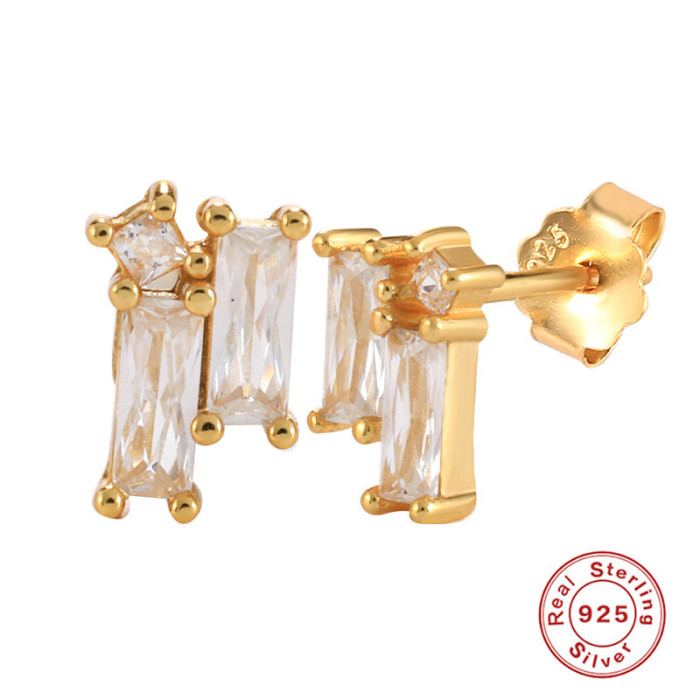S925 Sterling Silver Rectangular Stone Stud Earrings Internet Celebrity Live Streaming Trendy Gold Jewelry Hot Sell...