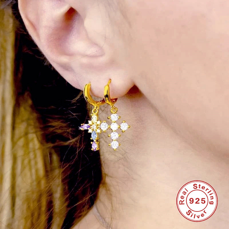 S925 Sterling Silver Luxurious Colored Diamond Cross Hoop Earrings Super Sparkling Inlaid Diamond Ear Clips Earrings Korean and Japanese Style INS Style Earrings