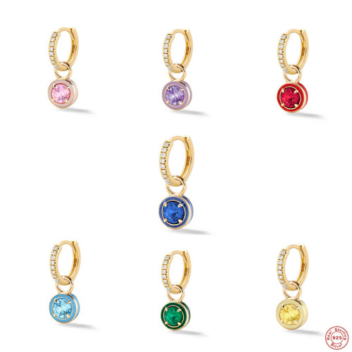 S925 Sterling Silver Oil Drop Imitation Enamel Round Colorful Diamond Hoop Earrings European and American Style Super Sparkling Diamond-Encrusted Earrings for Women