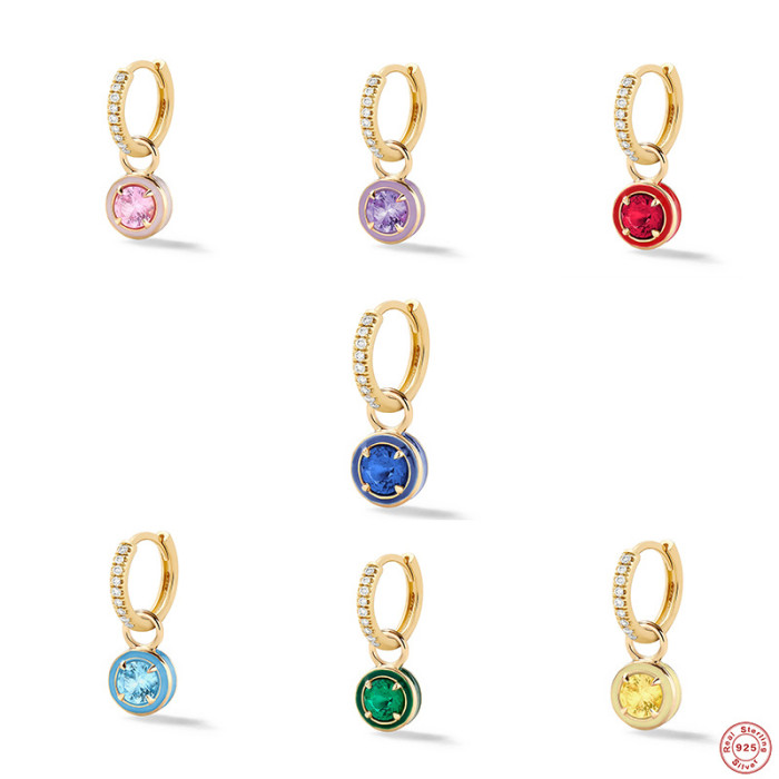 S925 Sterling Silver Oil Drop Imitation Enamel Round Colorful Diamond Hoop Earrings European and American Style Super Sparkling Diamond-Encrusted Earrings for Women