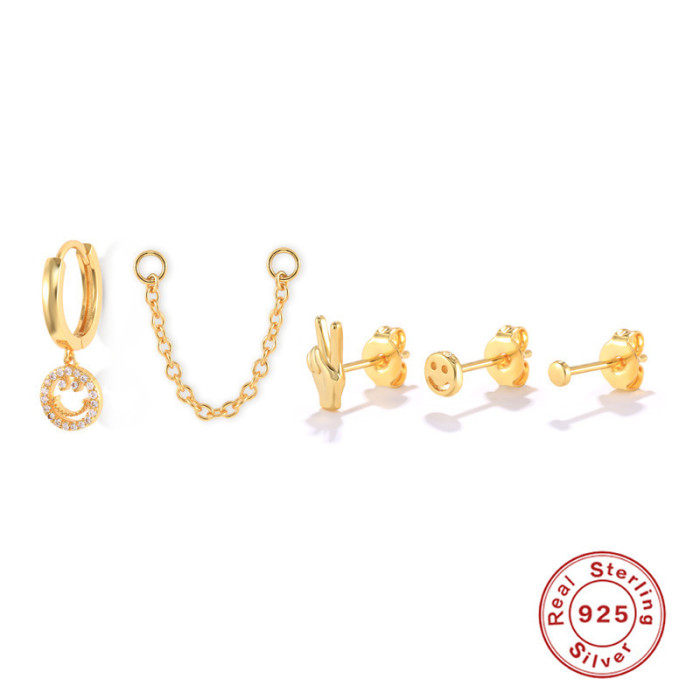 S925 Sterling Silver European and American Fashion Ins Personality Outfit Earrings Ear Studs Ear Clips Set Japanese and Korean Style K Gold Plated Earrings