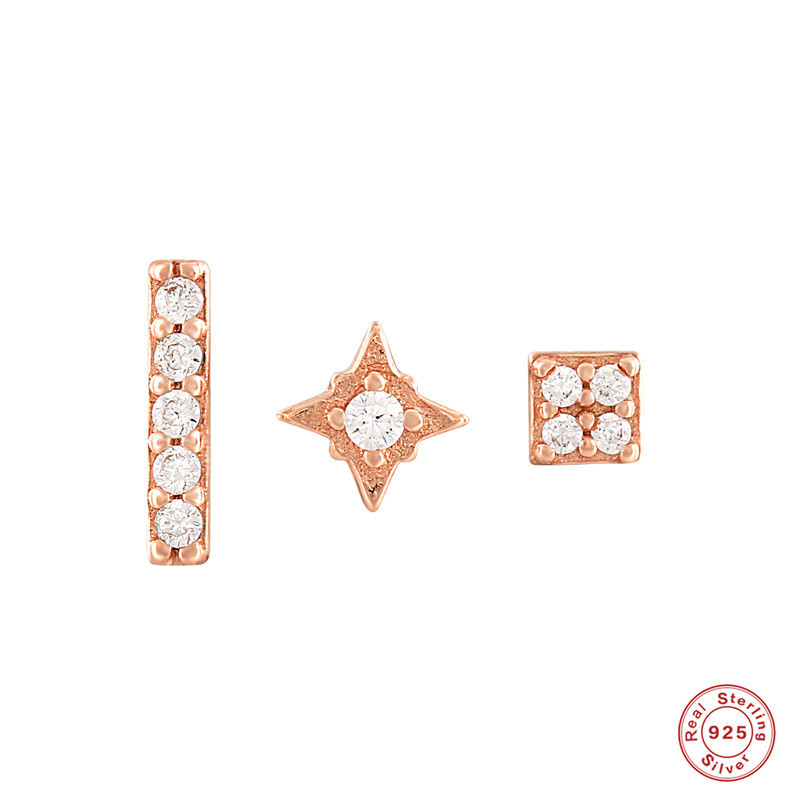 S925 Sterling Silver Five-Pointed Star Single Row Diamond Mini Simple Stud Earrings AliExpress Hot Sale Set of 3 Earrings