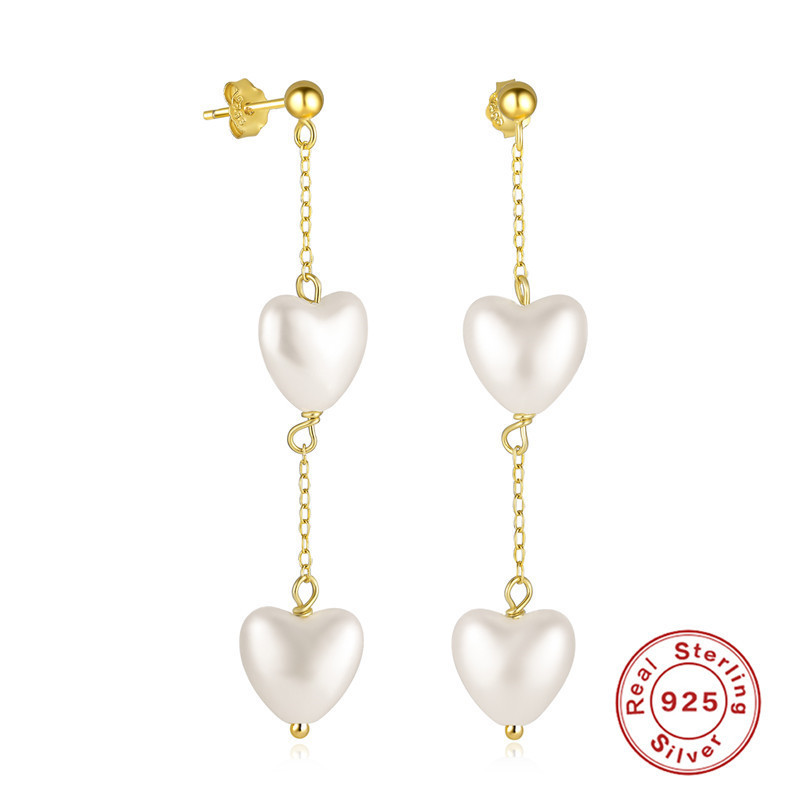 S925 Sterling Silver Heart Pearl Chain Tassel Earrings Stud Earrings Korean and Japanese Light Luxury Niche High-end Earrings for Women