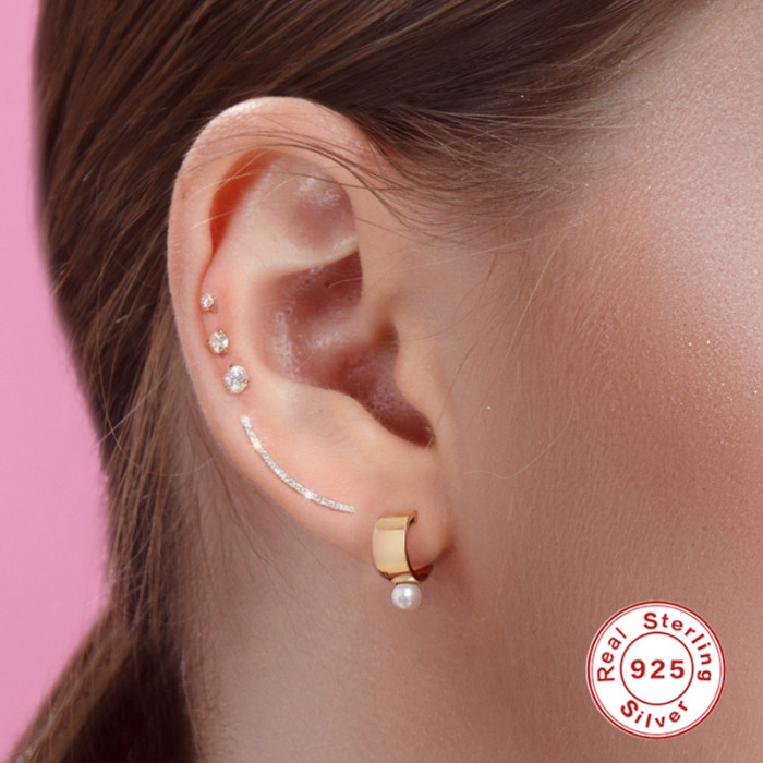 S925 Sterling Silver INS Wide C-shaped Pearl Hoop Earrings Stud Earrings European and American Hot-selling Design Imitation Pearl Earrings for Women