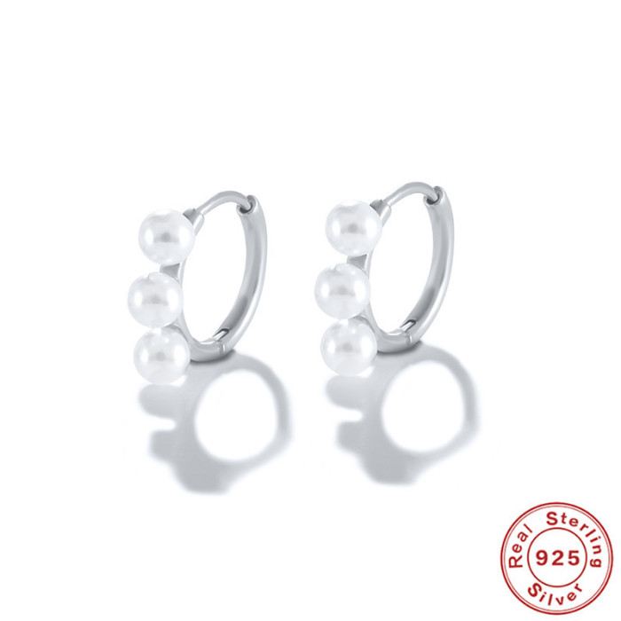 S925 Sterling Silver Single Row Three Pearl Hoop Earrings Ear Clips Earrings TikTok Same Style Socialite Exquisite Ea...