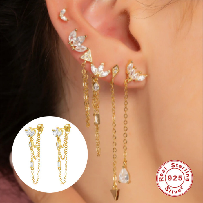 S925 Sterling Silver Water Drop Crown Inlaid Diamond Layered Tassel Chain Earrings European American Spanish Trendy Elegant Ear Jewelry