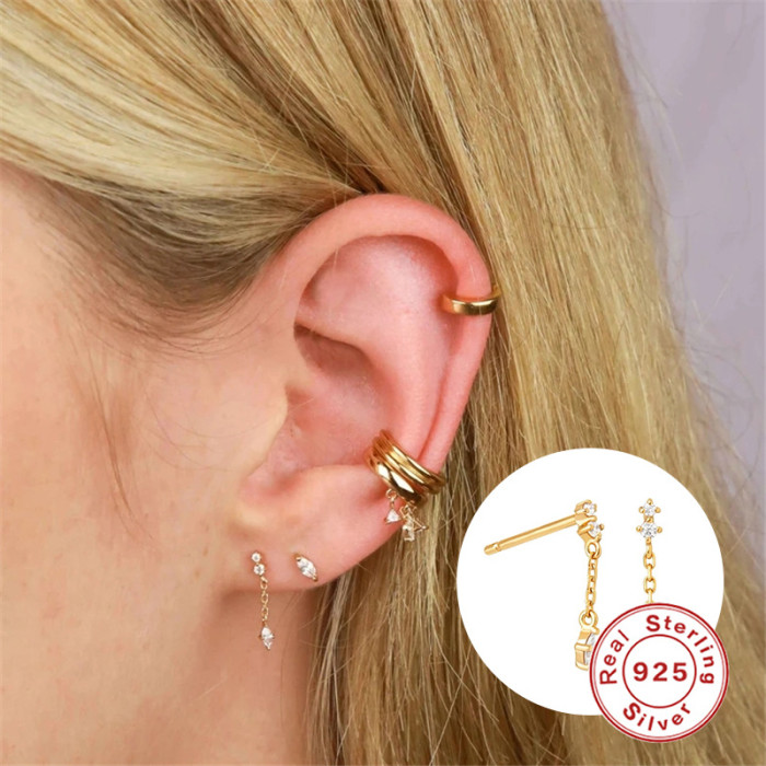 S925 Sterling Silver Chain Inlaid Diamond Marquise Pendant Earrings Stud Earrings European and American Fashion Cross-Border Hot Selling INS Ear Thread Earrings