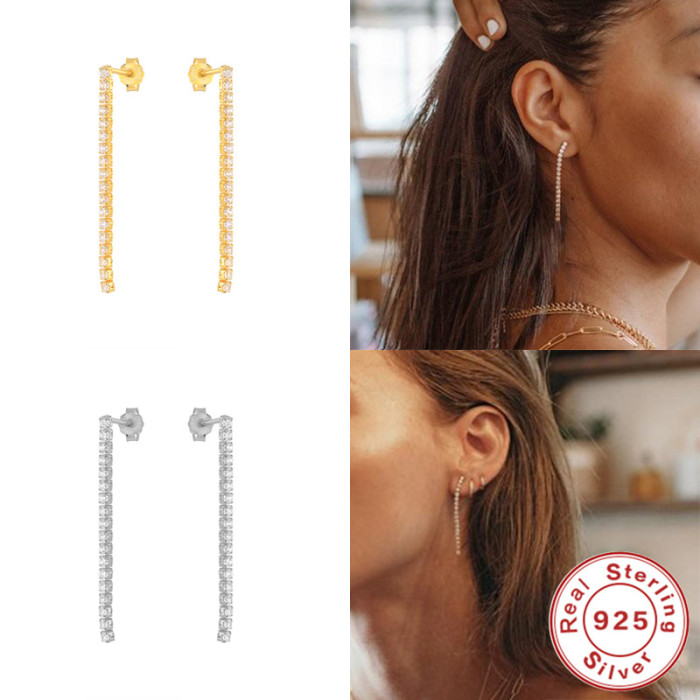 European and American Hot-Selling S925 Sterling Silver INS Style Tennis Diamond-Studded Earrings Elegant Earrings Japanese and Korean Personality INS Trendy Earrings