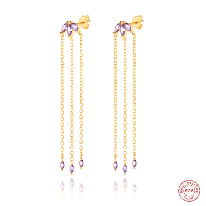 S925 Sterling Silver INS Luxury Tassel Marquise Stone Chain Earrings Studs TikTok Same Style Exquisite Earrings Jew...