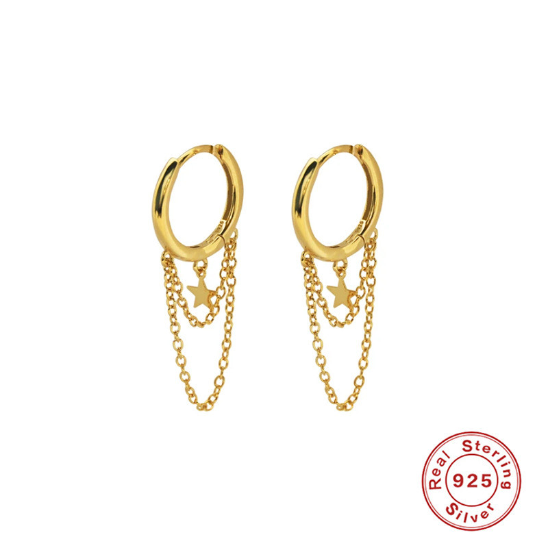 S925 Sterling Silver Chain Five-Pointed Star Pendant Design Sense Hoop Earrings Ear Clips European and American Fashion Trend INS Earrings Ear Jewelry