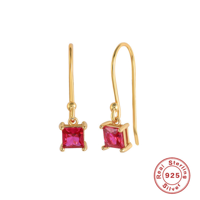 S925 Sterling Silver Square Diamond Pendant U-Shaped Ear Hook Earrings Stud Earrings European and American Hot-Selling French Style Elegant K-Gold Plated Earrings
