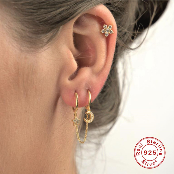 S925 Sterling Silver Single Mixed Chain Double Wear Star Moon Hoop Earrings Best-Selling Minimalist Style Earrings