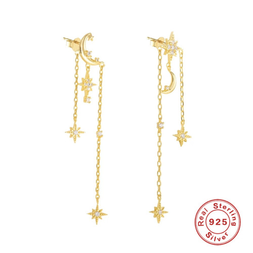 S925 Sterling Silver INS Style Tassel Star Moon Inlaid Diamond Earrings Korean and Japanese Style Elegant Evening Wear Earrings for Women