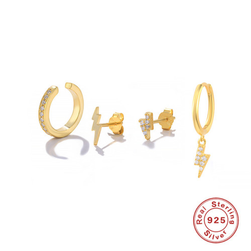 S925 Sterling Silver Diamond-Studded Lightning Stud Earrings Non-Pierced Ear Clips Earrings European and American Style Set Korean Version Elegant K Gold Plated Ear Jewelry