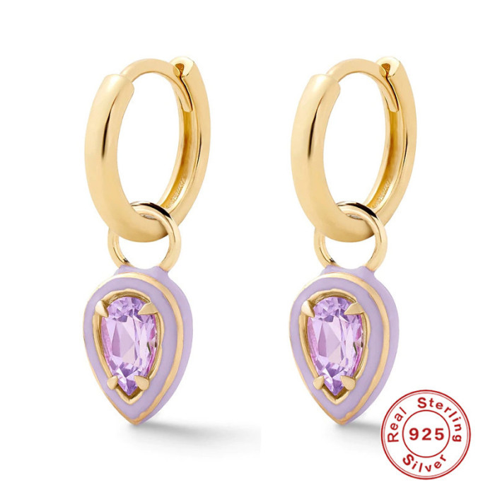 S925 Sterling Silver Cocktail HUGGY Colorful Enamel Earrings Hoop European and American Cross-Border Bestselling Water Drop Diamond-Studded Earrings