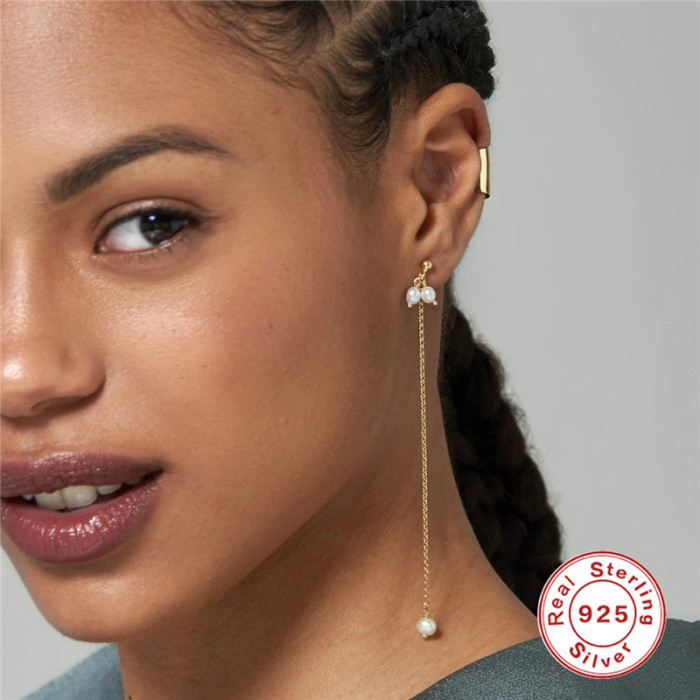 S925 Sterling Silver INS Chain Tassel Imitation Pearl Ear Thread Earrings Korean Light Luxury Niche High-end Earrings