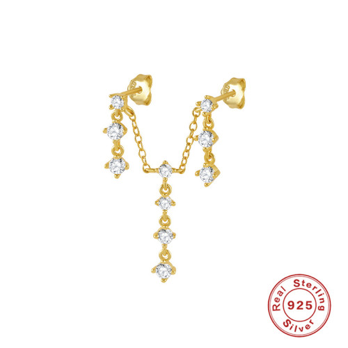 S925 Sterling Silver Geometric Inlaid Diamond Connected Water Drop Tassel Earrings Studs Korean and Japanese Style Elegant Fairy Ear Line Internet Celebrity Earrings