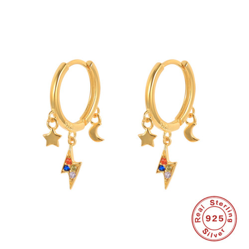 S925 Sterling Silver INS Moon Star Lightning Inlaid Diamond Versatile Earrings Ear Clips European and American Fashion Hot Selling Light Luxury Ear Jewelry