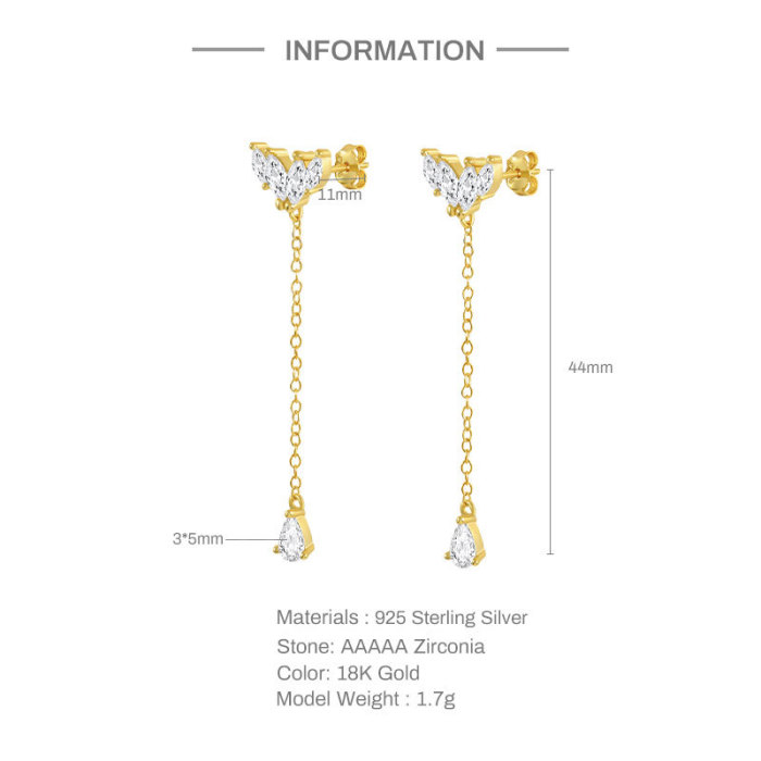 S925 Sterling Silver Chain Tassel Water Drop Pendant Earrings Ear Thread Earrings Korean Style INS Elegant Office Wear Earrings