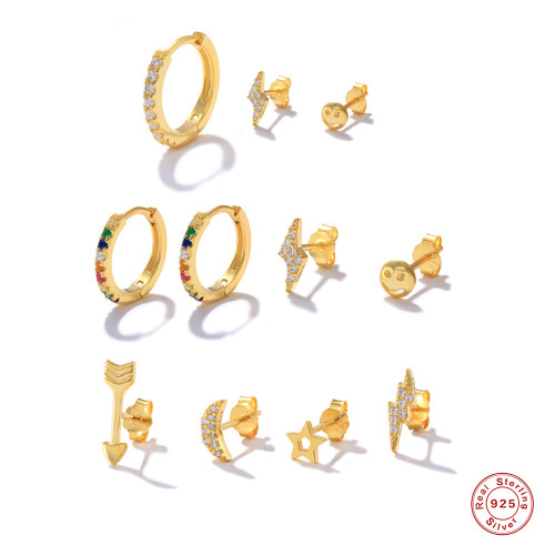 S925 Sterling Silver INS Lightning Smiley Face Colorful Diamond Set Earrings Studs Korean Version Light Luxury Elegant Earrings European and American Hot Sale
