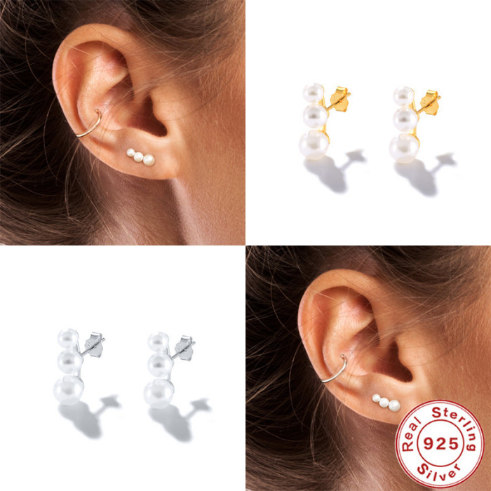 S925 Sterling Silver Simple Style Single Row Three Pearl Stud Earrings Dongdaemun Light Luxury Niche High-end Earrings