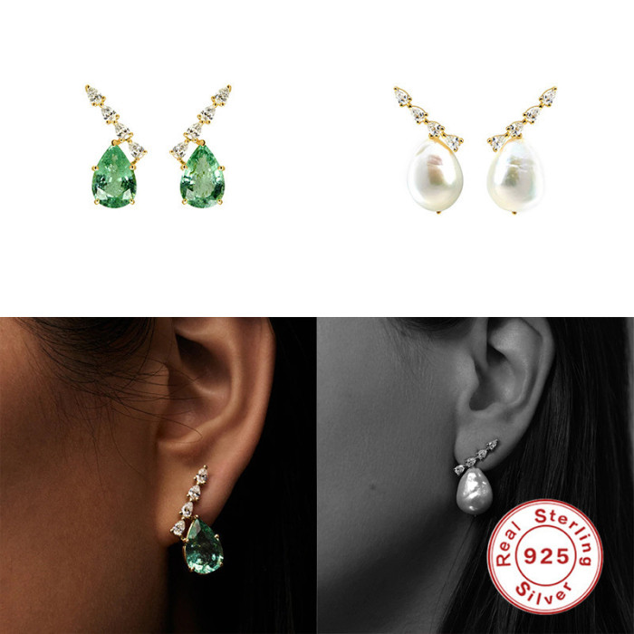 S925 Sterling Silver Pear-Shaped Zircon Pearl Claw Earrings European and American French Style Diamond-Studded Elegant Luxury Earrings for Women